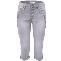 Jewelly Damen Capri Jeans im Crash-Look  | Boyfriend Hose mit sichtbarer Knopfleiste und mit Strassnieten