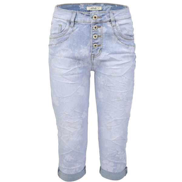 Jewelly Damen Capri Jeans im Crash-Look | Boyfriend Hose mit Blumenprint und sichtbarer Knopfleiste
