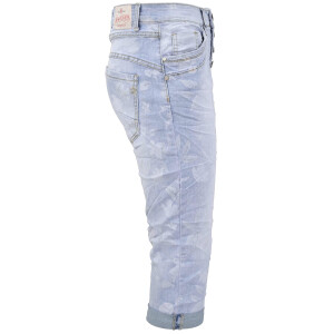 Jewelly Damen Capri Jeans im Crash-Look | Boyfriend Hose mit Blumenprint und sichtbarer Knopfleiste XL/42 Hellblau