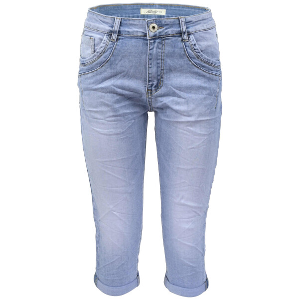 Jewelly Damen Capri Jeans im Crash-Look | Boyfriend Hose mit Reißverschluss M/38 Hellblau