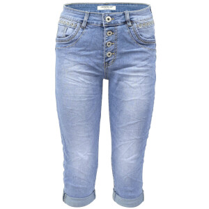 Jewelly Damen Capri Jeans im Crash-Look | Boyfriend Hose mit sichtbarer Knopfleiste und mit Pailletten - Applikation