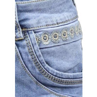 Jewelly Damen Capri Jeans im Crash-Look | Boyfriend Hose mit sichtbarer Knopfleiste und mit Pailletten - Applikation