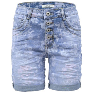 Jewelly Damen Jeans-Short Kurze Hose mit Blumen Print L Denim