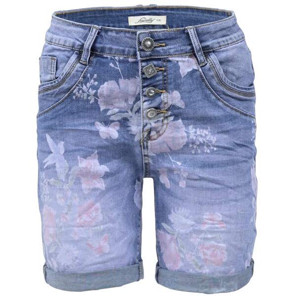 Jewelly Damen Jeans-Short Kurze Hose mit Blumen Print und Schmuckknöpfen