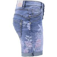 Jewelly Damen Jeans-Short Kurze Hose mit Blumen Print und Schmuckknöpfen