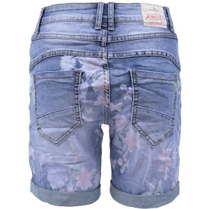 Jewelly Damen Jeans-Short Kurze Hose mit Blumen Print und Schmuckknöpfen XL Denim