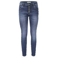 Jewelly Damen Stretch Jeans Five-Pocket im Crash-Look | Boyfriend Hose und sichtbarer Knopfleiste mit Schmuckknöpfen