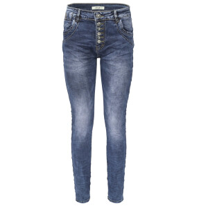 Jewelly Damen Stretch Jeans Five-Pocket im Crash-Look | Boyfriend Hose und sichtbarer Knopfleiste mit Schmuckknöpfen