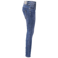 Jewelly Damen Stretch Jeans Five-Pocket im Crash-Look | Boyfriend Hose und sichtbarer Knopfleiste mit Strassknöpfen M/38 Blau