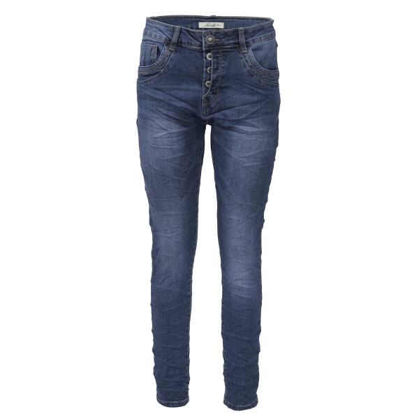 Jewelly Damen Stretch Jeans Five-Pocket im Crash-Look | Boyfriend Hose mit sichtbarer Knopfleiste XS/34 Blau
