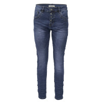 Jewelly Damen Stretch Jeans Five-Pocket im Crash-Look | Boyfriend Hose mit sichtbarer Knopfleiste S/36 Blau