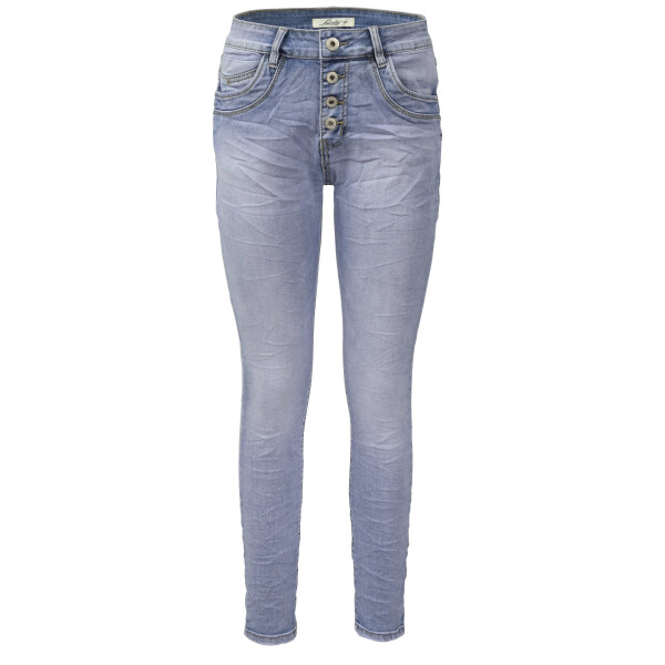 Jewelly Damen Stretch Jeans Five-Pocket im Crash-Look | Boyfriend Hose mit sichtbarer Knopfleiste L/40 Blau