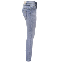 Jewelly Damen Stretch Jeans Five-Pocket im Crash-Look | Boyfriend Hose mit sichtbarer Knopfleiste L/40 Blau