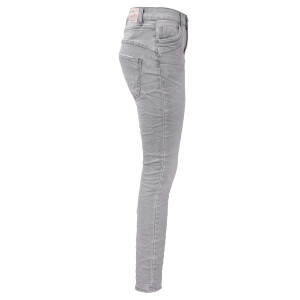Jewelly Damen Jeans | Five-Pocket-Jeans | Boyfriend -Cut - im Crash-Look mit Reißverschluss und Strassknopf | Angenehme Stretch - Qualität | Farbe Grau