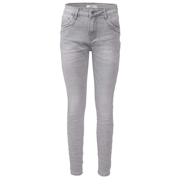 Jewelly Damen Jeans | Five-Pocket-Jeans | Boyfriend -Cut - im Crash-Look mit Reißverschluss und Strassknopf | Angenehme Stretch - Qualität | Farbe Grau M/38 Grau