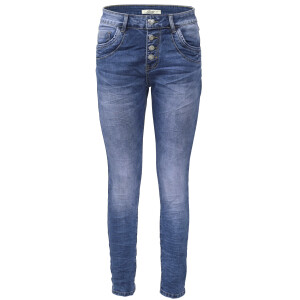 Jewelly Damen Stretch Jeans Five-Pocket im Crash-Look | Boyfriend Hose und sichtbarer Knopfleiste mit Strassknöpfen