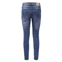 Jewelly Damen Stretch Jeans Five-Pocket im Crash-Look | Boyfriend Hose und sichtbarer Knopfleiste mit Strassknöpfen M/38 Blau