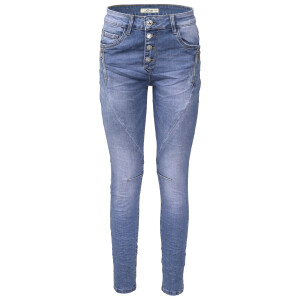 Jewelly Damen Stretch Jeans Five-Pocket im Crash-Look | Boyfriend Hose und sichtbarer Knopfleiste mit Strassknöpfen XS/34 Blau