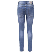Jewelly Damen Stretch Jeans Five-Pocket im Crash-Look | Boyfriend Hose und sichtbarer Knopfleiste mit Strassknöpfen XS/34 Blau