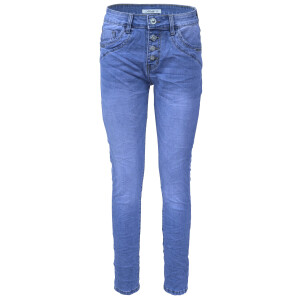 Jewelly Damen Stretch Jeans Five-Pocket im Crash-Look | Boyfriend Hose mit sichtbarer Knopfleiste  | Strechjeans  |  Strechhose  |  Schmuckknöpfe  |   | Damenjeans