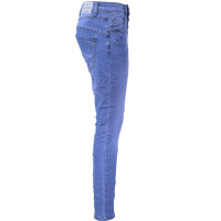 Jewelly Damen Stretch Jeans Five-Pocket im Crash-Look | Boyfriend Hose mit sichtbarer Knopfleiste  | Strechjeans  |  Strechhose  |  Schmuckknöpfe  |   | Damenjeans XS/34 Blau