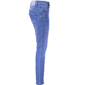 Jewelly Damen Stretch Jeans Five-Pocket im Crash-Look | Boyfriend Hose mit sichtbarer Knopfleiste  | Strechjeans  |  Strechhose  |  Schmuckknöpfe  |   | Damenjeans S/36 Blau