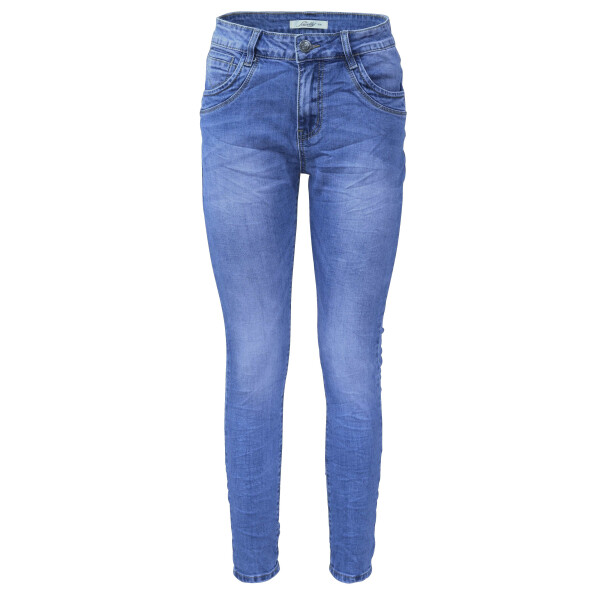 Jewelly Damen Stretch Jeans Five-Pocket im Crash-Look | Boyfriend Hose | Reißverschluss | Strechjeans | Strechhose | Damenjeans S/36 Blau