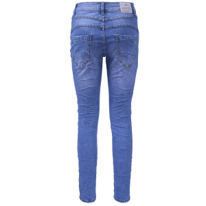 Jewelly Damen Stretch Jeans Five-Pocket im Crash-Look | Boyfriend Hose | Reißverschluss | Strechjeans | Strechhose | Damenjeans S/36 Blau