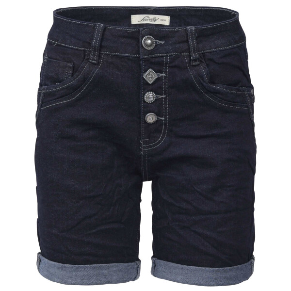 Jewelly Damen Jeans Shorts | Kurze Krempel Hose mit dekorativer Knopfleiste | Dark Denim Hose  M Blau