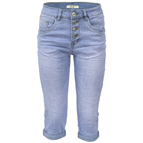 Jewelly Damen Capri Jeans im Crash-Look | Boyfriend Hose und sichtbarer Knopfleiste  M/38