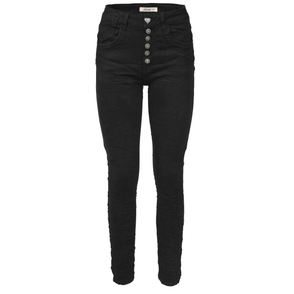 Jewelly Damen Stretch Jeans Five-Pocket im Crash-Look | Boyfriend Hose und sichtbarer Knopfleiste mit Schmuckknöpfen XS/34 Schwarz
