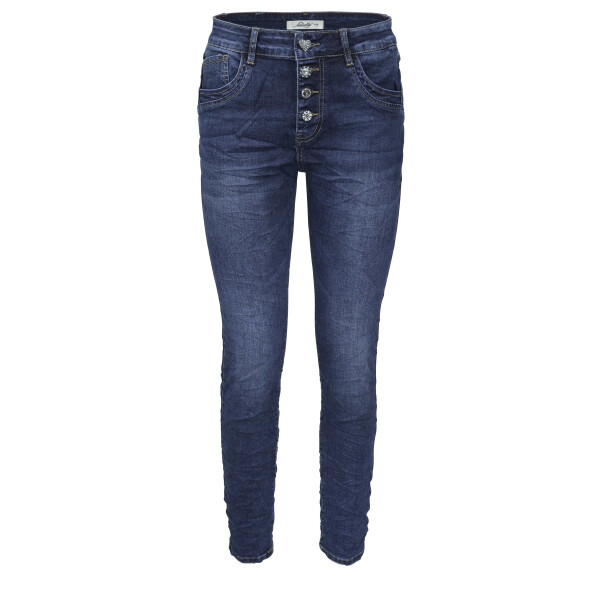 Jewelly Damen Jeans  | Stretch Jeans Five-Pocket im Crash-Look | Boyfriend Hose und sichtbarer Knopfleiste mit Schmuckknöpfen