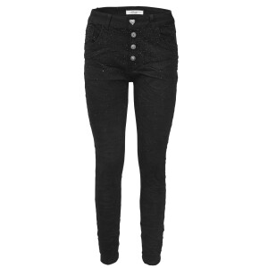 Jewelly Damen Jeans mit Schwarzen Strass Applikationen | Damen Stretch Jeans Five-Pocket im Crash-Look | Boyfriend Hose und sichtbarer Knopfleiste